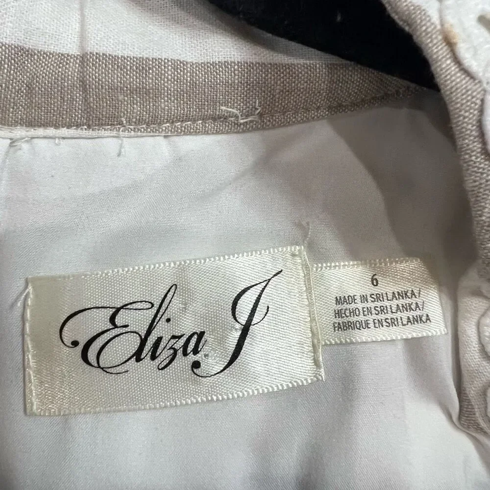 Eliza J Tan White Striped Detailed Hem Linen Cotton Blend Shift Dress Sz 6 Women - Picture 3 of 8